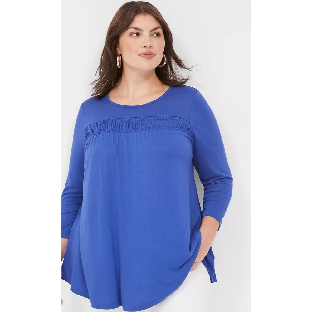 Lane Bryant Swing 3/4 Sleeve Smocked Yoke Top Clematis Blue Size 14/16